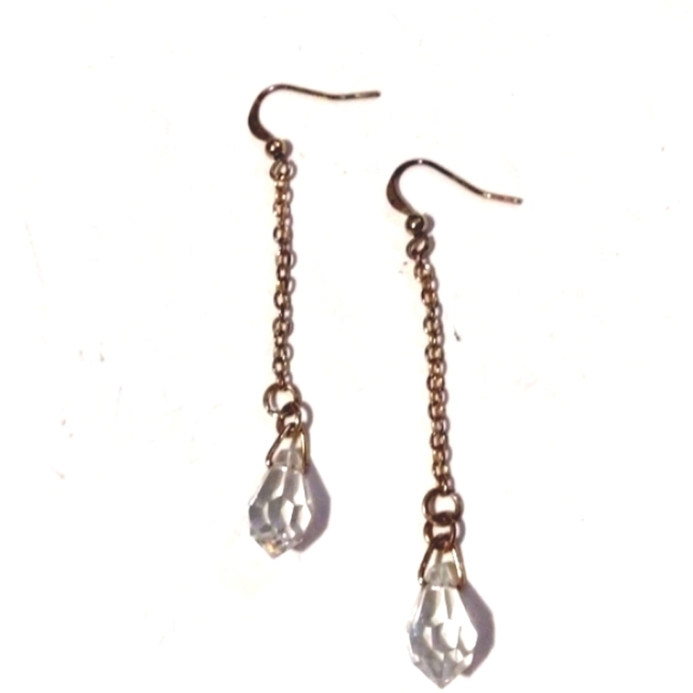 VINTAGE FACETED CRYSTAL GOLD-TONE DANGLE DROP HOOK 2.5" EARRINGS